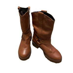 Musse & Cloud Leather Mid Calf‎ Rounded Toe Moto Harness Boots Size 37/6.5